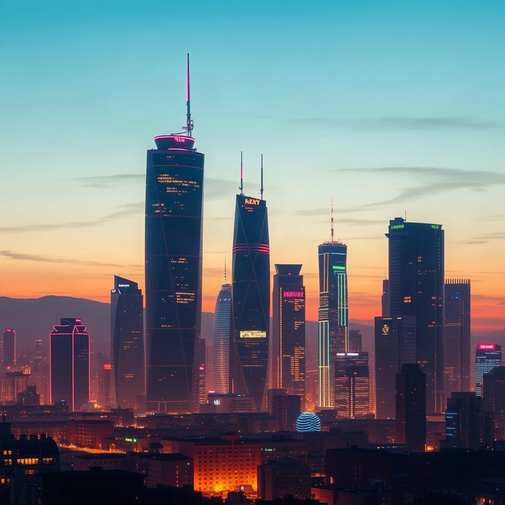 AI generated cyber city skyline at dusk