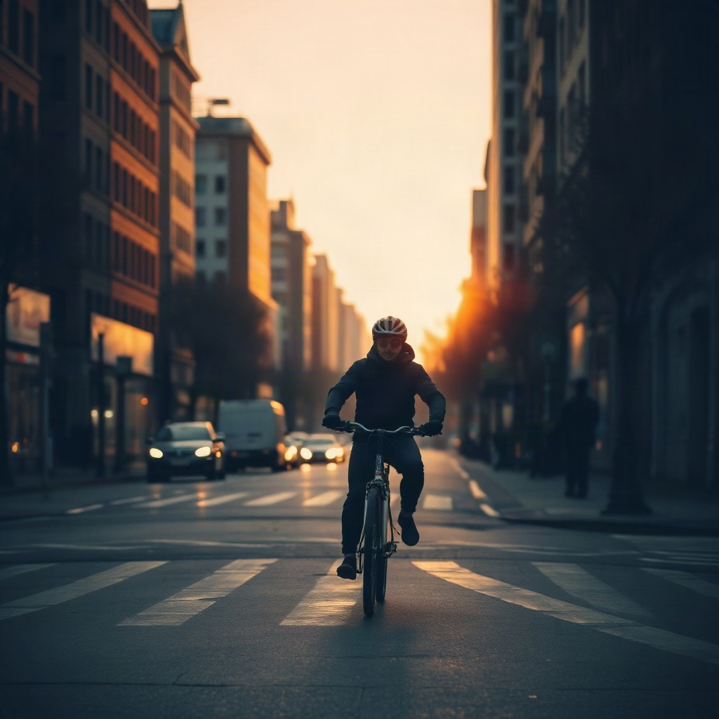 Courier rider running at dawn in a city street